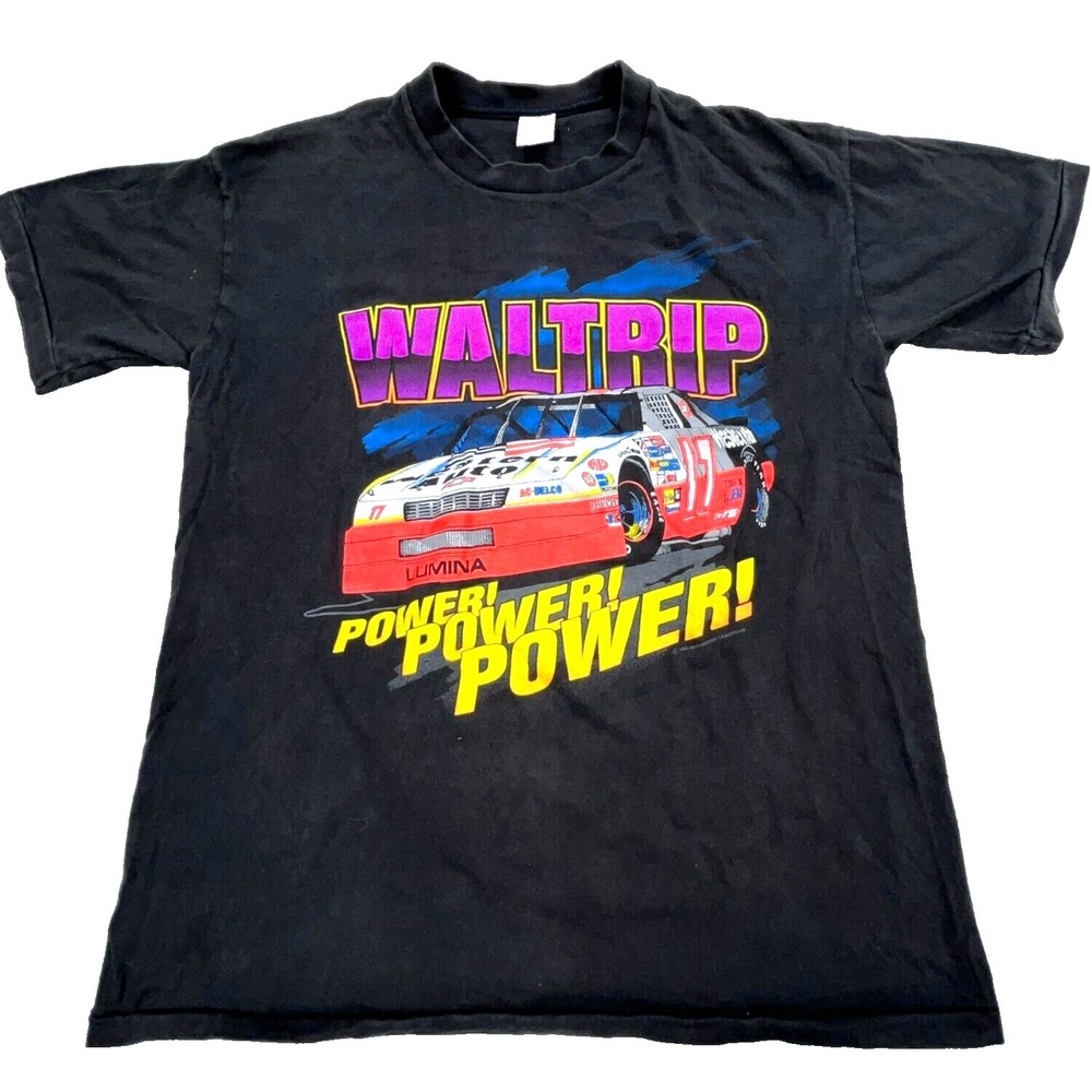 Vintage Nascar Shirt Men Large Black Darrell Waltrip 90s USA Sun Faded Tee Adult
